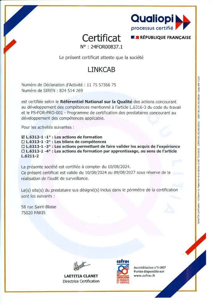 certificat de conformité linkcab